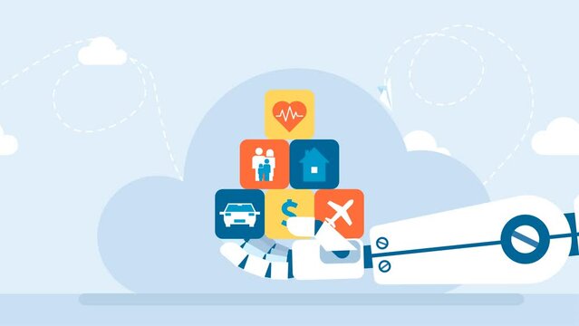 Artificial Intelligence helps in various areas of life. Protection from threats. Insurance and Assurance. Life, property, car, health, family, travel, home. Family protection. 2d flat animation