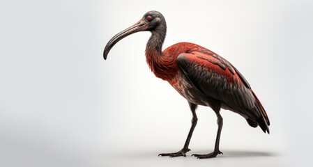 A red and black bird with a long, rounded beak is depicted in a highly detailed, surrealistic 3d illustration.
