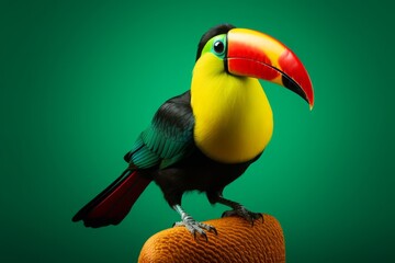 A highly realistic 3d illustration captures a colorful toucan perched atop a piece of fruit.