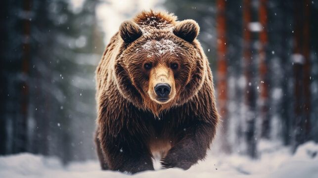 A brown bear in the forest in winter