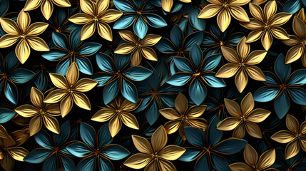 A beautiful iPhone wallpaper features a chaotic pattern of blue and gold leaf flowers on a black background.