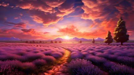 Fototapeta na wymiar Fields of blooming lavender stretching towards the horizon under a vast sky painted with hues of pink and orange during sunset
