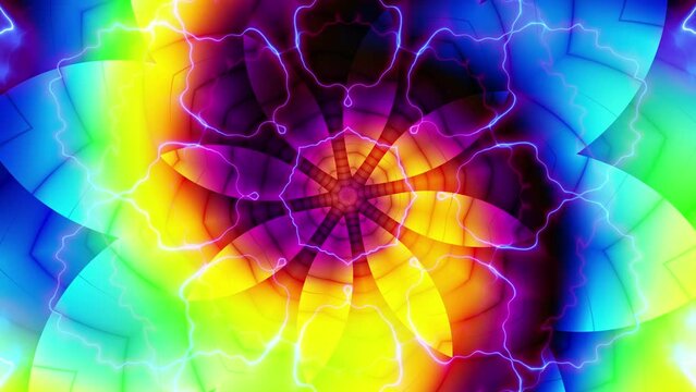 Spinning abstract magic flower. Esoteric cosmic mandala with rayses. 4k Looping footage. Symbol of the sun.