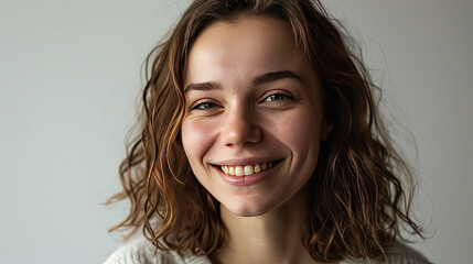 Portrait of young happy woman looks in camera on white background