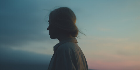 Contemplative blonde woman in silhouette, twilight hues casting a quiet mood - obrazy, fototapety, plakaty