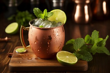 Delicious Moscow Mule Cocktail with Lime and Mint, Perfect for Copy Space and Advertisement