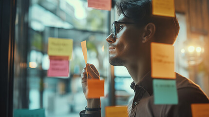 A young dynamic American male entrepreneur brainstorming with sticky notes on a glass wall in the office
