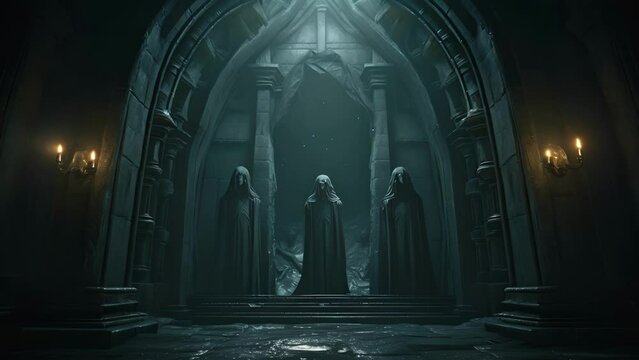 An ominous crypt shrouded in a mantle of darkness the entrance flanked by two ancient stone statues with eerie eyes piercing the night.
