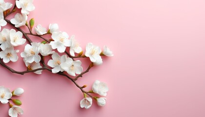 Obraz premium Banner with flowers on light pink background. Greeting card template for Wedding, mothers or woman's day. Springtime composition with copy space. Flat lay style