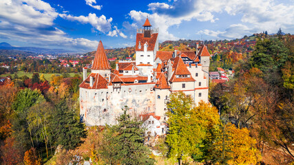 Brasov, Romania. Autumn drone view  Bran Castle, known for the myth of Dracula, Transylvania.