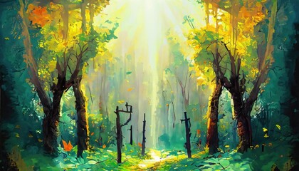 Excellent in the forest with the light of God art painting - obrazy, fototapety, plakaty