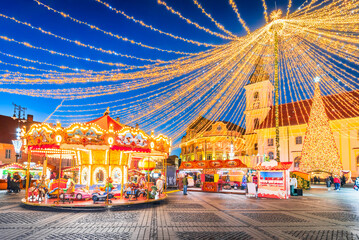 Sibiu, Romania. Christmas Market in Large Square, medieval downtown of Transylvania, famous...