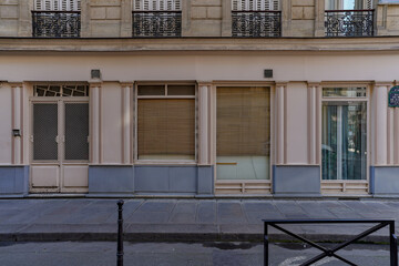 beige and grey french boutique facade , parisian storefront template , vintage shop entrance door