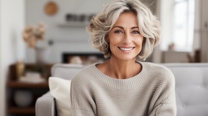 Mature woman smiling at home - obrazy, fototapety, plakaty