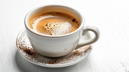 White cup of brown foam coffee isolated on white wood background