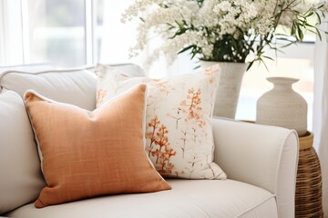 Orange and white floral pillows on a white couch