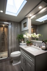 Modern bathroom interior with plants and white orchids