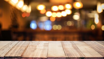 Wooden table in front of abstract blurred background of restaurant lights