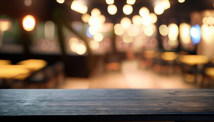 Wooden table in front of abstract blurred background of restaurant lights