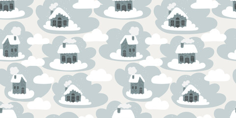 Seamless background with snowy village seamless pattern houses kids background for wrapping paper, sketchbook, scrapbook