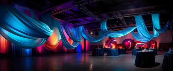 Dynamic swirls of color create an electrifying backdrop for a modern business event, promising a memorable and visually striking experience.