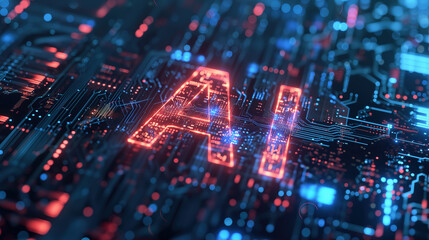 Obraz premium AI on a Circuit Board: A Digital and Futuristic Concept with Blue and Orange Lights