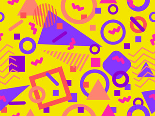 80s seamless pattern with geometric shapes in memphis style. Circles and triangles. Colorful abstract background for printing on promotional items, banners and wrapping paper. Vector illustration