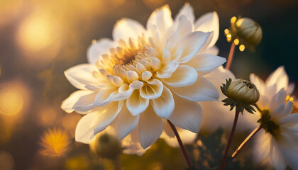 Piękne, białe kwiaty Dalii, poranek , złota godzina. Tapeta, dekoracja. Generative AI - obrazy, fototapety, plakaty