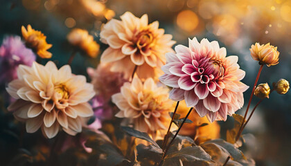 Piękne kwiaty Dalii, złota godzina, tapeta, dekoracja. Generative AI
