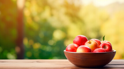 Apples in a bowl against the backdrop of the garden. Selective focus.