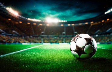 Fototapeta premium soccer ball on the grass with the stadium, ights on horizontal banner, sport and entertainment concept, copy space for text