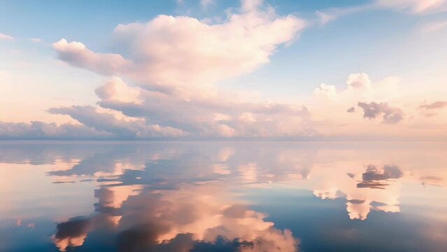 A serene image of the sky painted in soft pastel shades, mirrored perfectly in the tranquil water.