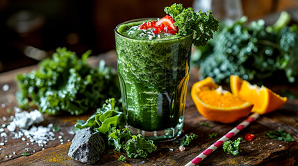 Nutritious Kale Smoothie with Fresh Strawberries Rustic Setting