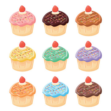 Collection of colorful cupcakes with strawberries vector illustration on white background. Different cupcake flavors include chocolate, strawberry, caramel, mint, orange, lemon, soda, grape and coffee