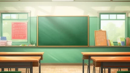 Foto op Canvas Empty school classroom and green chalkboard with empty space. Cartoon or Japanese anime watercolor painting illustration style. © ribelco