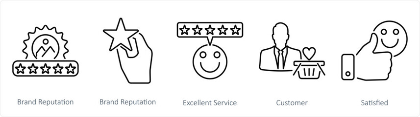 A set of 5 customer service icons as brand reputation, excellent service, customer