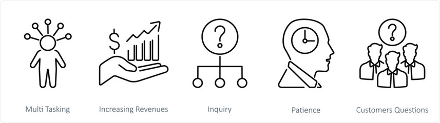 A set of 5 customer service icons as multi tasking, increasing revenues, inquiry