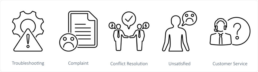 A set of 5 customer service icons as troubleshooting, complaint, conflict resolution