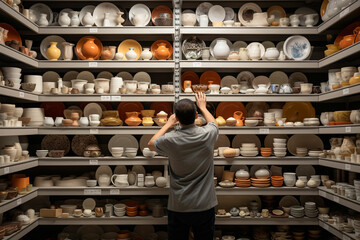 Rear view of a young man choosing ceramic products in a store. ‍Ai generated