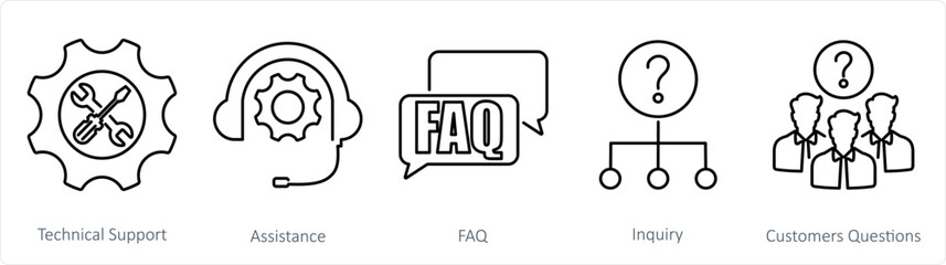 A set of 5 customer service icons as technical support, assistance, faq