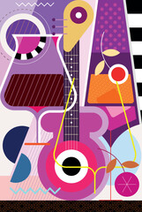Cocktail and music party vector illustration. Creative design with classic guitar, cocktail glasses and abstract shapes. - 703203168