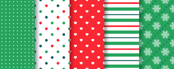 Christmas seamless pattern. Geometric backgrounds with stripes, snowflake, polka dots, hearts. Set holiday textures. Festive wrapping paper. Red green prints. Vector illustration. Scrapbook design