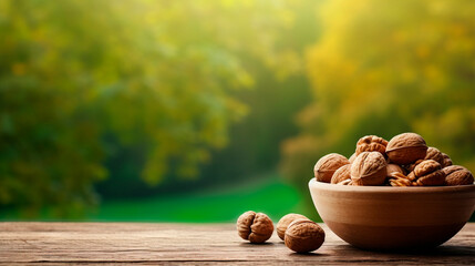 Walnut in a bowl in the garden. Selective focus.
