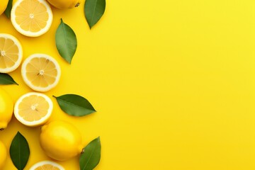 Lemon slices and leaves on yellow background with copy space, top view