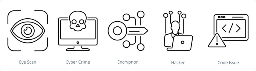 A set of 5 Cyber Security icons as eye scan, cyber crime, encryption - obrazy, fototapety, plakaty