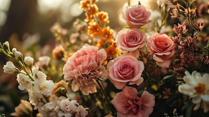 Colorful bouquet of different fresh flowers Rustic style background.