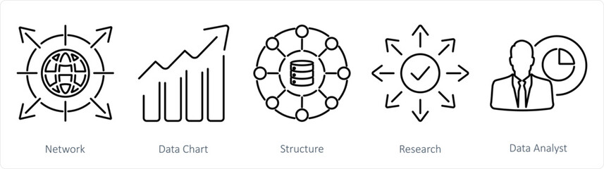 A set of 5 data analytics icons as network, data chart, structure