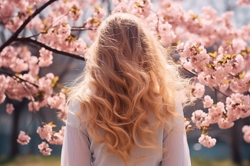 Naklejka premium portrait of a woman with red hair by pink blooming cherry tree