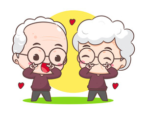 cute couple grandparents. Grandpa and grandma cartoon character. Happy old couple. Chibi vector style. Isolated white background