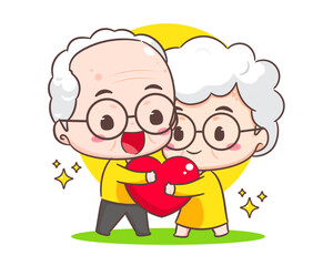 cute couple grandparents hugging love heart. Grandpa and grandma cartoon character. Happy old couple. Chibi vector style. Isolated white background